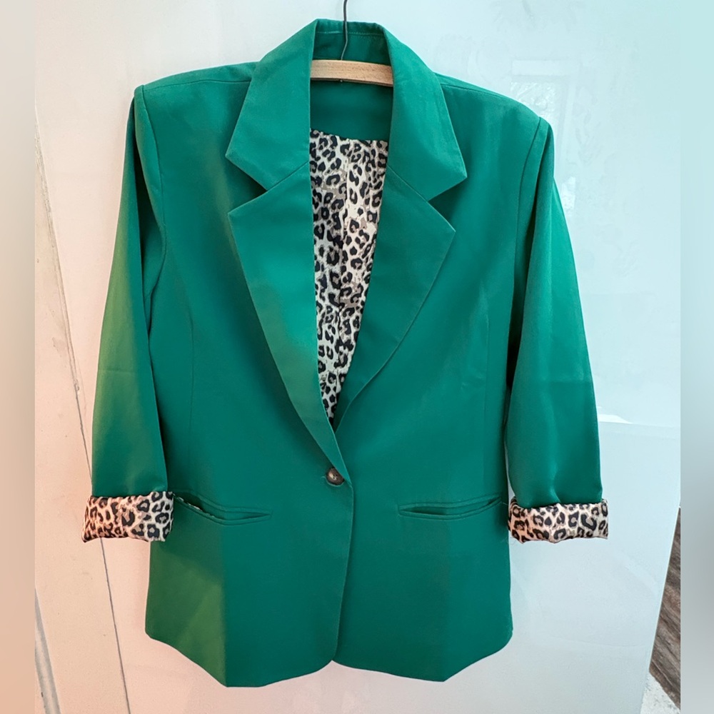 Women's Green Blazer with Leopard Print Lining #P175